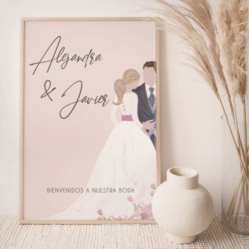 Cartel-bienvenida-coleccion-ilustrada-papeleria-de-boda-cartel-bella Bloc de notas de tamaño a6 a todo color de la colección lunares de Mundo Inventado