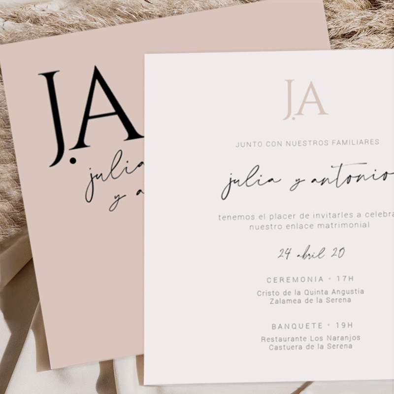 Diseño minimalista de invitación de boda Scarlette impresa a doble cara. Diseño Mundo Inventado