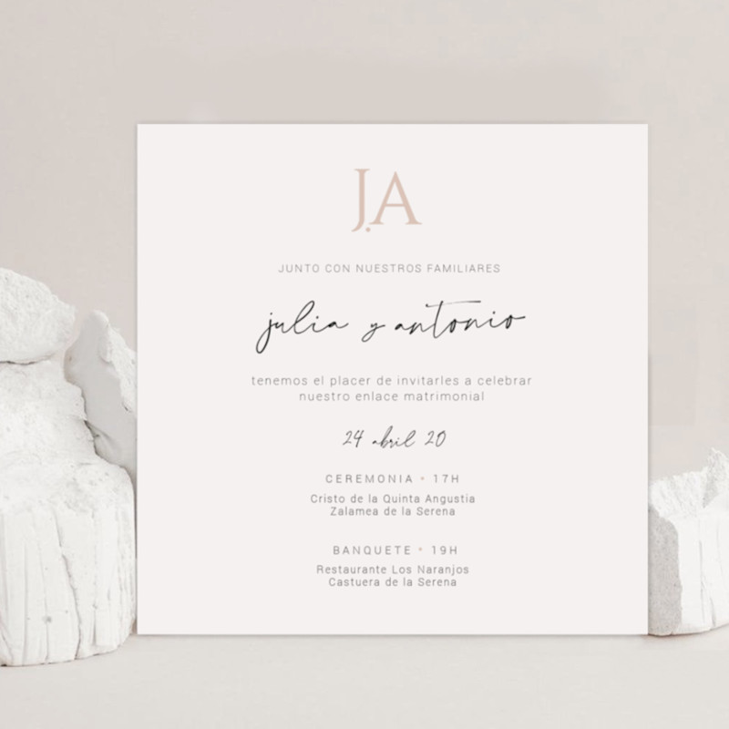 Invitación de boda minimalista elegante Scarlette con tipografía moderna. Diseño Mundo Inventado