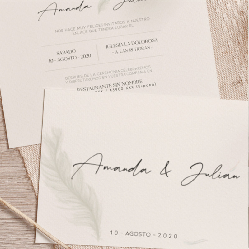 Invitacion-de-boda-coleccion-rustica-vista-delantera-y-trasera-papeleria-de-boda-invitacion-pluma Agenda semanal sin fechas abierta en página ilustrada de apertura de mes.