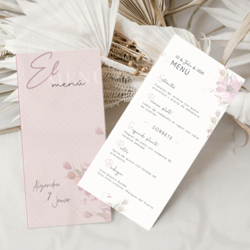 Menu-de-boda-colección-ilustrada-papelería-de-boda-menú-bella Bloc de notas de tamaño a6 a todo color de la colección lunares de Mundo Inventado