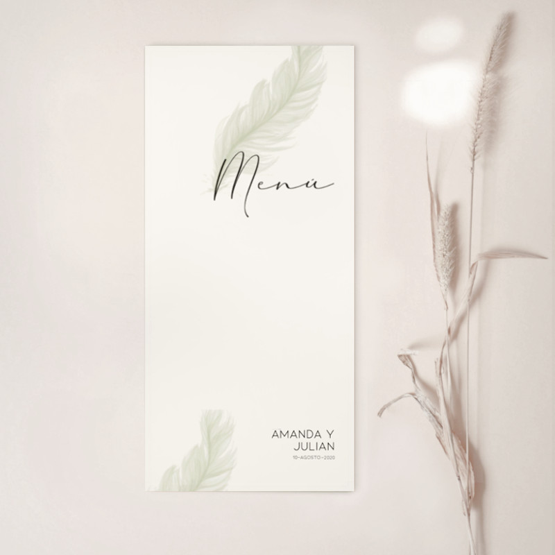 Menú de boda elegante Pluma a juego con la invitación. Diseño Mundo Inventado