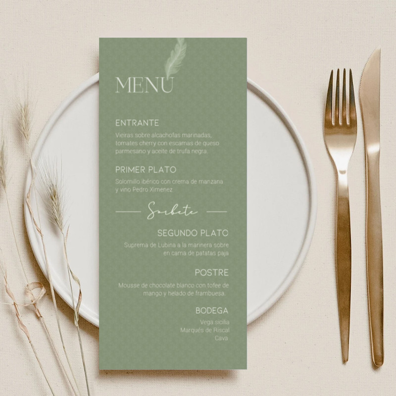 Menú de boda elegante Pluma impreso en papel premium. Diseño Mundo Inventado