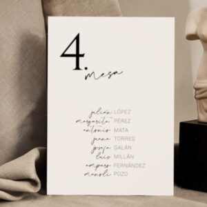 Seating Plan minimalista Scarlette impreso a dos caras en papel premium. Diseño Mundo Inventado