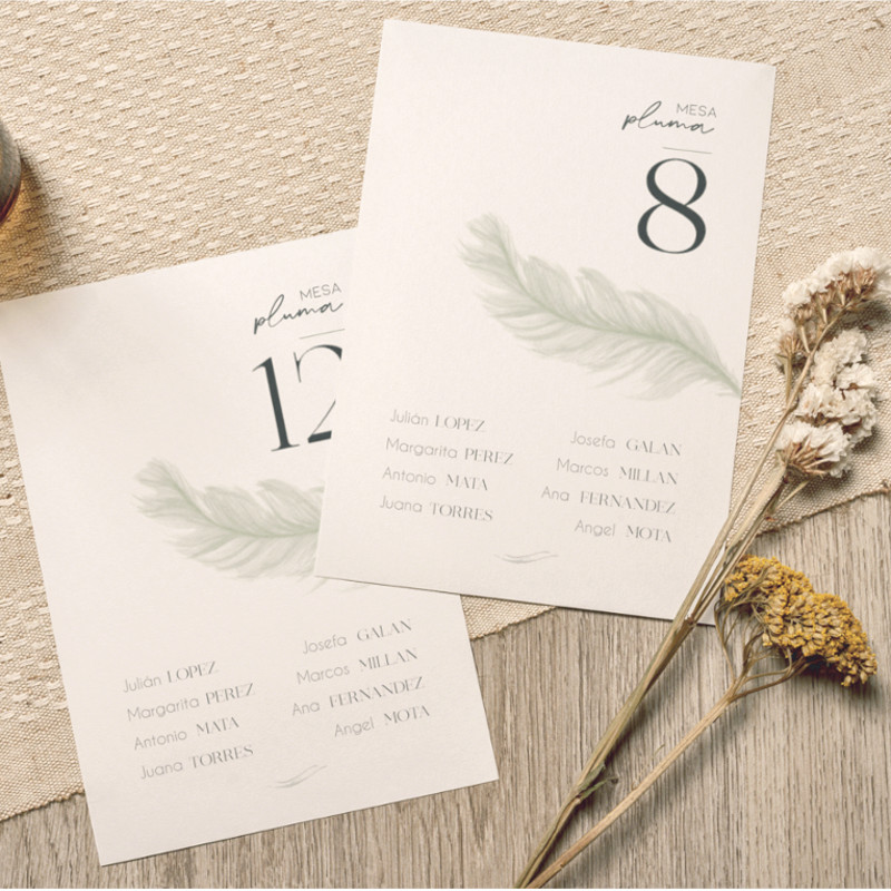 eating Plan elegante Pluma a juego con la invitación. Diseño Mundo Inventado