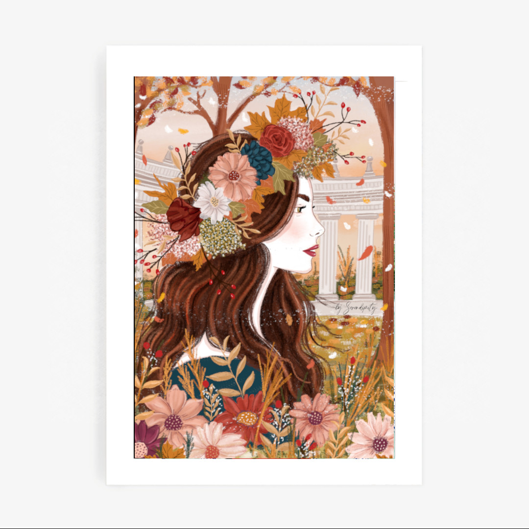 Lámina artística mujer inspirada en la Diosa del Otoño, diseñada en tonos cálidos e impresa en papel texturizado Fine Arta para conseguir una calidad de museo. Diseño de Mundo Inventado