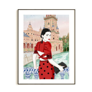 Ilustración moda mujer Abril, muestra la figura femenina con vestido rojo de lunares negro, estilo elegante y atemporal. Diseñada por Mundo Inventado
