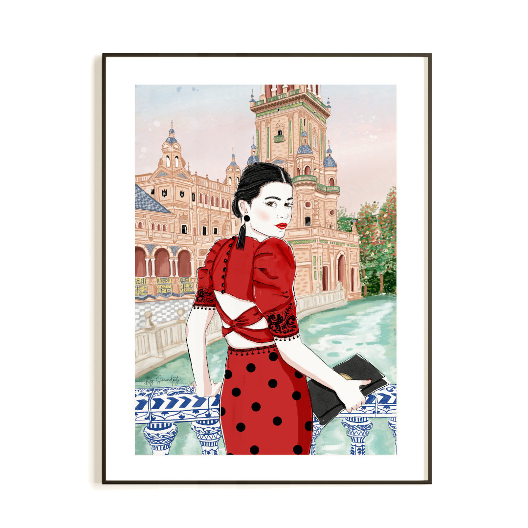 Ilustración moda mujer Abril, muestra la figura femenina con vestido rojo de lunares negro, estilo elegante y atemporal. Diseñada por Mundo Inventado