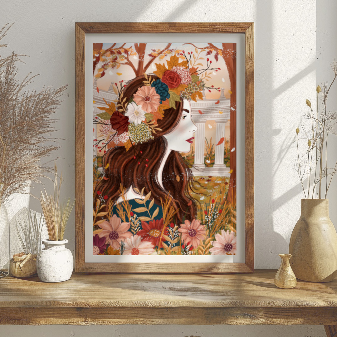 Lámina artística mujer inspirada en la Diosa del Otoño, diseñada en tonos cálidos en marco de madera clara sobre recibidor de madera.