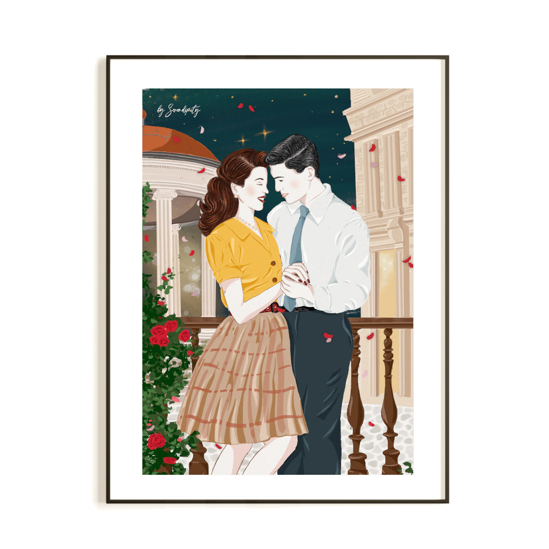 LÁMINA DECORATIVA · IMPRESIÓN ARTÍSTICA DE MUJERES · BAILAMOS Lámina artística pareja Bailamos, ilustración vintage de una pareja bailando bajo cielo estrellado en tonos suaves. Disponible en Mundo Inventado