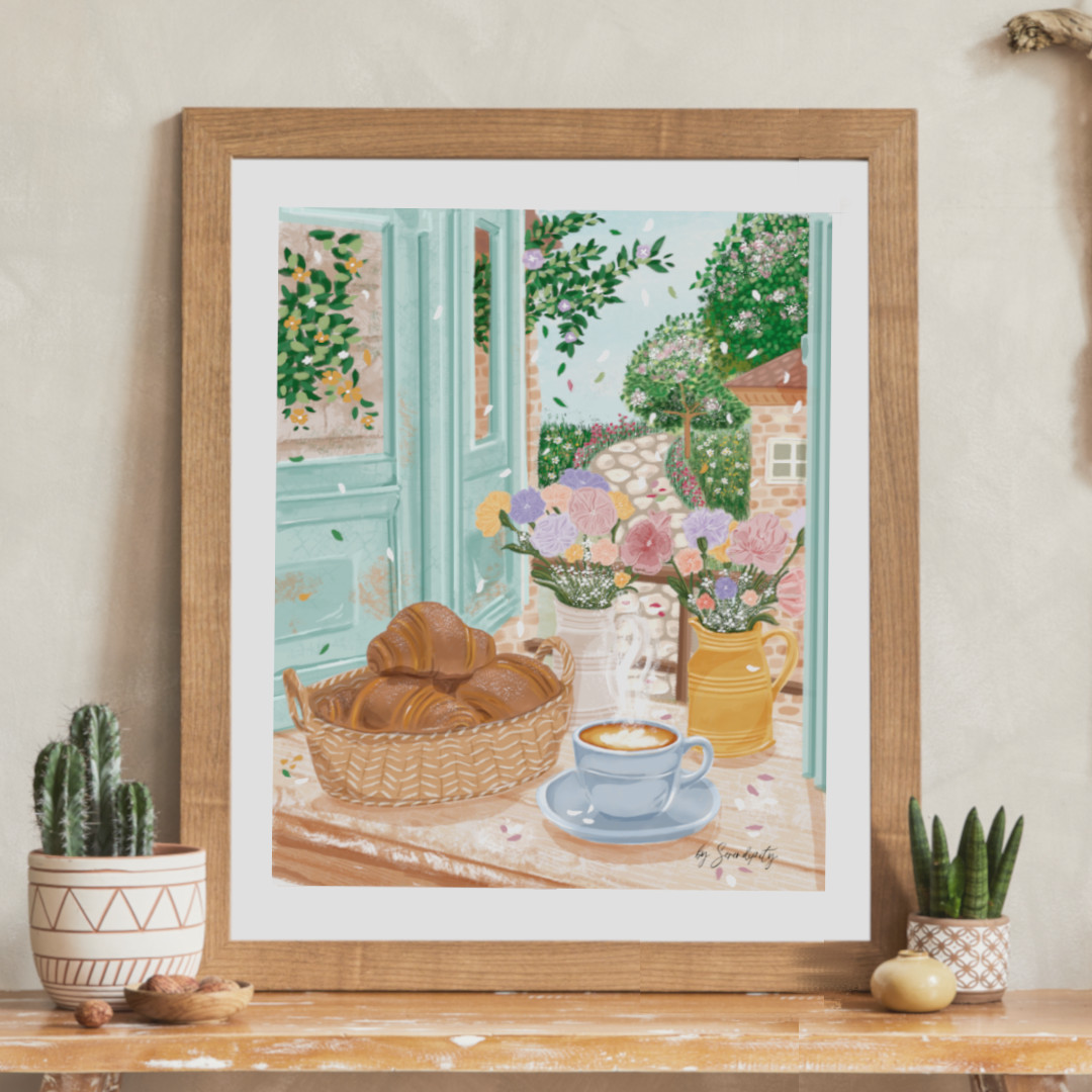 Lámina decorativa Café presenta la escena de un pueblo en primavera. Lámina artística para decoración con estilo primaveral y elegante impresa en papel texturizado Fine Art y diseñada por Mundo Inventado