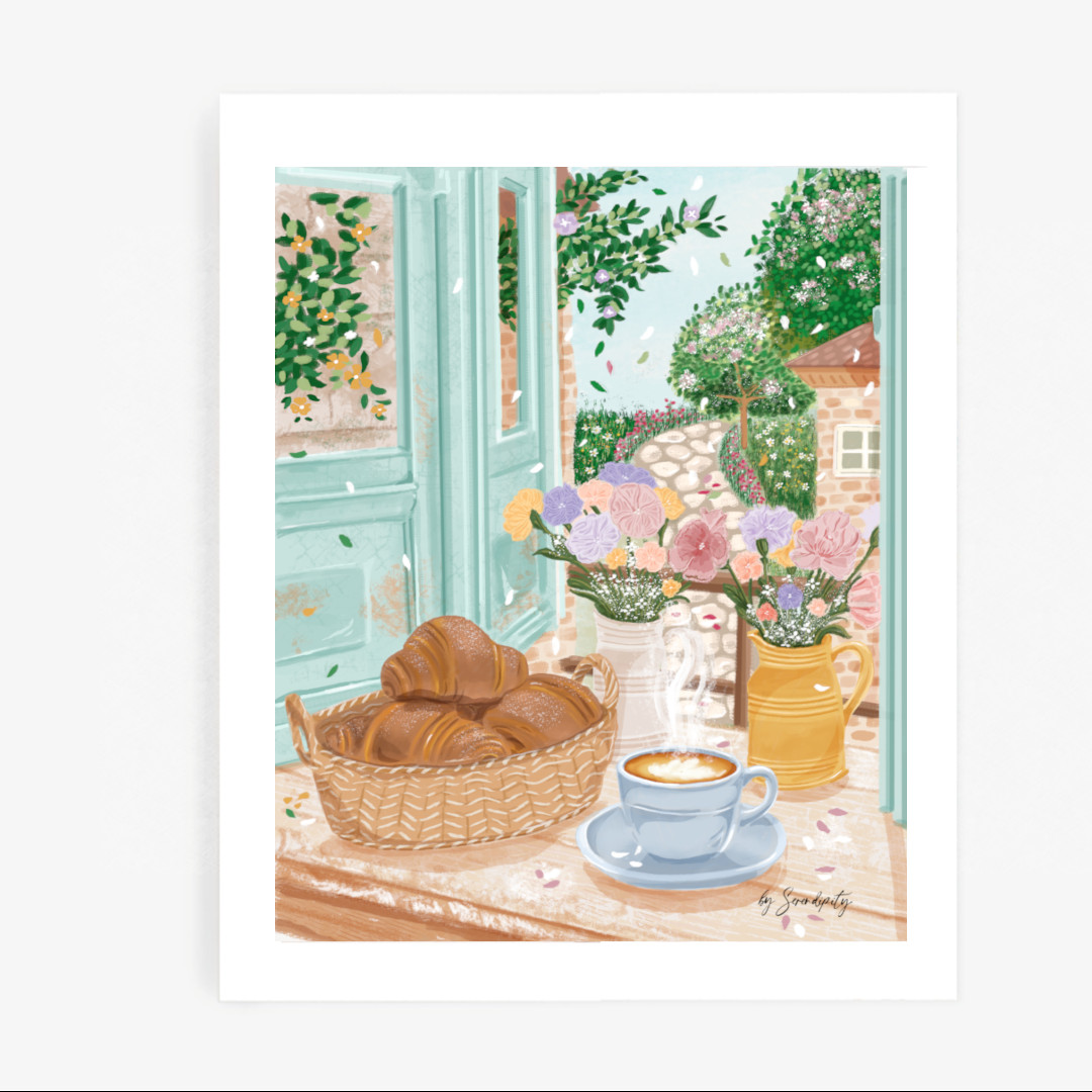 Lámina decorativa Café presenta la escena de un pueblo en primavera. Lámina artística impresa en papel texturizado Fine Art y diseñada por Mundo Inventado