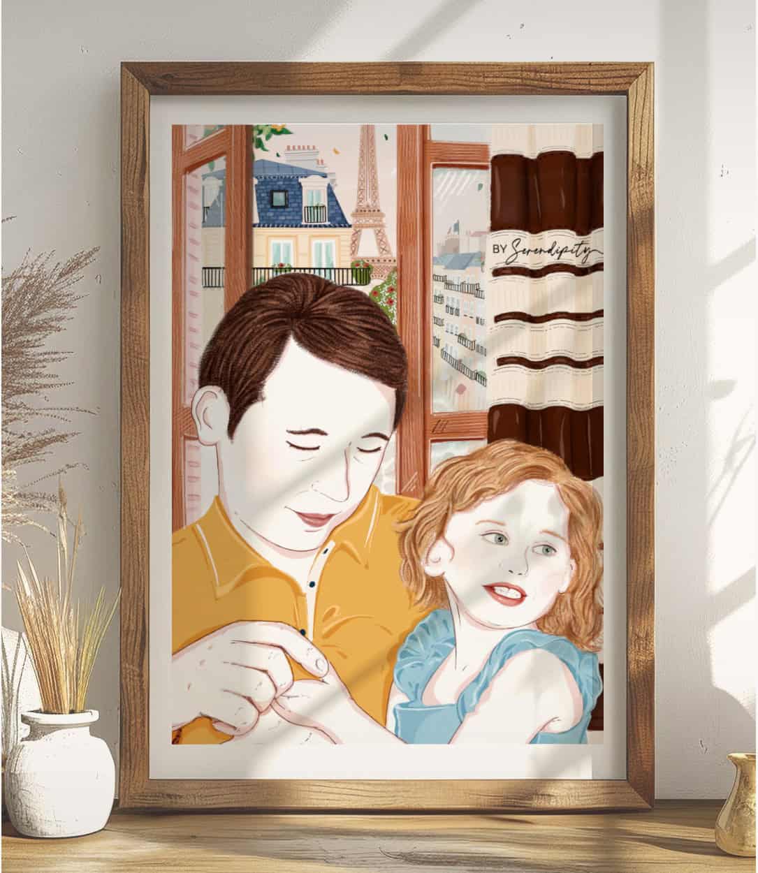 Ilustración a medida para una decoración con alma Ilustración a medida, creada por Mundo Inventado, que decora un mueble a la entrada de una casa.