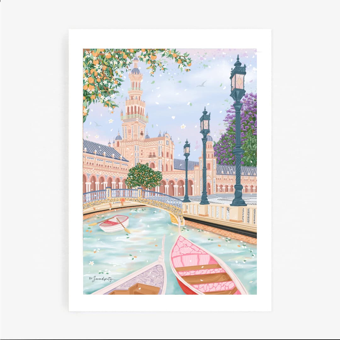 Lámina decorativa Plaza España de Sevilla impresa en papel texturizado Fine Art. Impresión artística de un monumento emblemático de Andalucía.