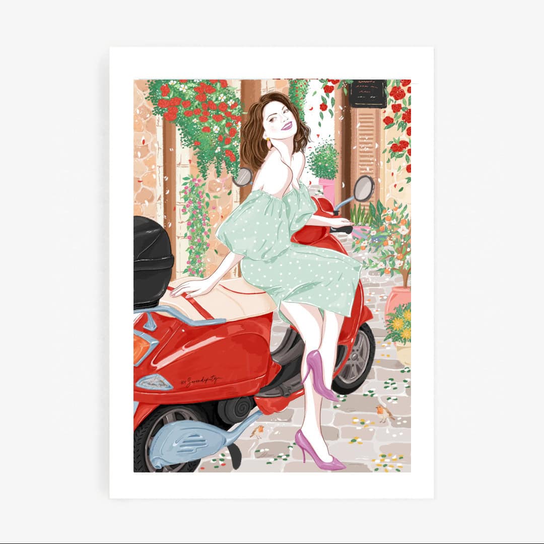 Lámina decorativa Vespa roja con estilo retro y urbano, inspirada en la esencia de Roma. Una impresión artística en papel de alta calidad ideal para decorar tu hogar. Mundo Inventado
