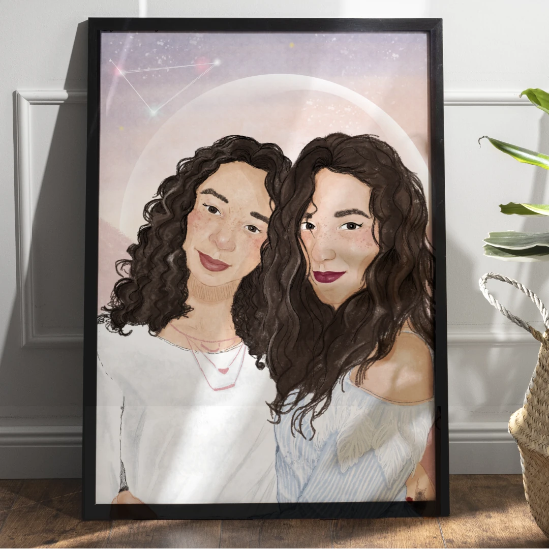 Ilustraciones personalizadas de familia. Recuerdo de hermanas, un regalo original