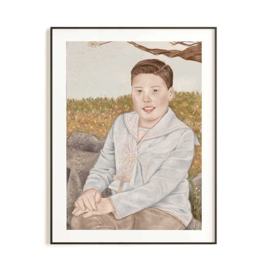 RETRATO DE COMUNIÓN PERSONALIZADO · PEDRO Lámina artística mujer inspirada en la Diosa del Otoño, ilustración otoñal con corona de flores y tonos cálidos diseñada por Mundo Inventado.