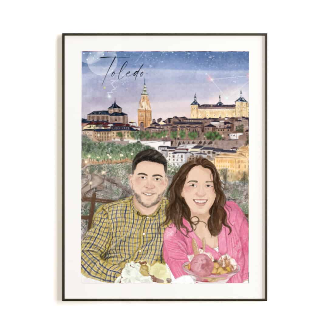 RETRATO DE PAREJAS PERSONALIZADO · TOLEDO· CENA ROMÁNTICA Lámina artística de una mujer llamada Marina, con estilo minimalista y líneas suaves y tonos tierra. Arte femenino ideal para decorar con sensibilidad y elegancia.