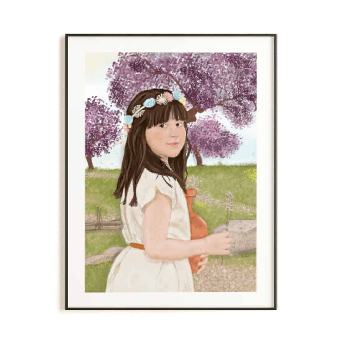 RETRATO INFANTIL PERSONALIZAD· IRENE Y EL MUNDO TARTESO Lámina artística de moda en la que se muestra a una mujer moda con vestido inspirado en IQ Collection, estilo elegante y minimalista para decoración muy femenina. Diseño de Mundo Inventado