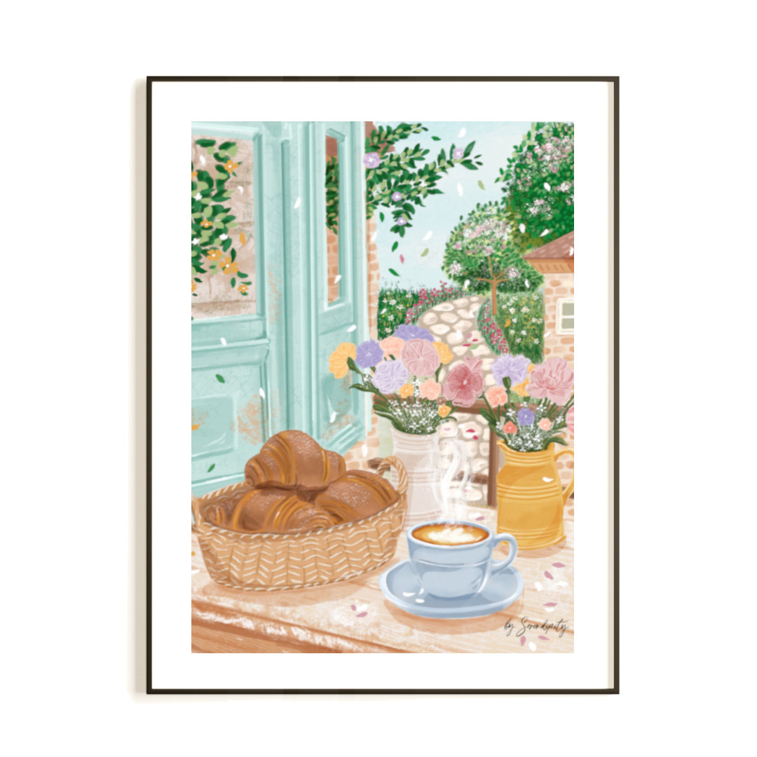 LÁMINA DECORATIVA · IMPRESIÓN ARTÍSTICA Café con olor a primavera Lámina decorativa Café presenta la escena de un pueblo en primavera. Lámina artística primaveral elegante para decorar cualquier estancia de tu hogar
