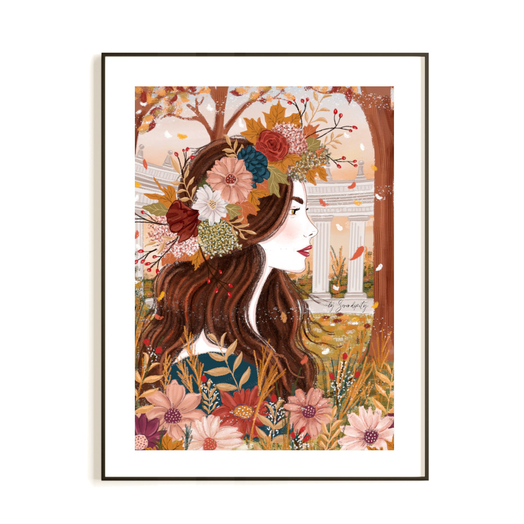 LÁMINA DECORATIVA · IMPRESIÓN ARTÍSTICA DE MUJERES · AUTUMN Lámina artística mujer inspirada en la Diosa del Otoño, ilustración otoñal con corona de flores y tonos cálidos diseñada por Mundo Inventado.