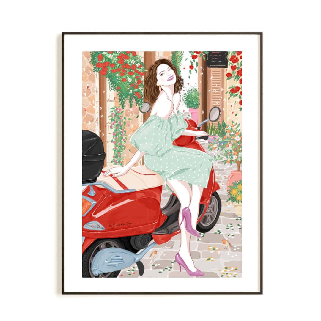LÁMINA DECORATIVA · IMPRESIÓN ARTÍSTICA DE MUJERES · VALENTINA Lámina decorativa Vespa roja de estilo retro y urbano con toque elegante inspirada en las calles de Roma. – impresión artística para una decoración con personalidad