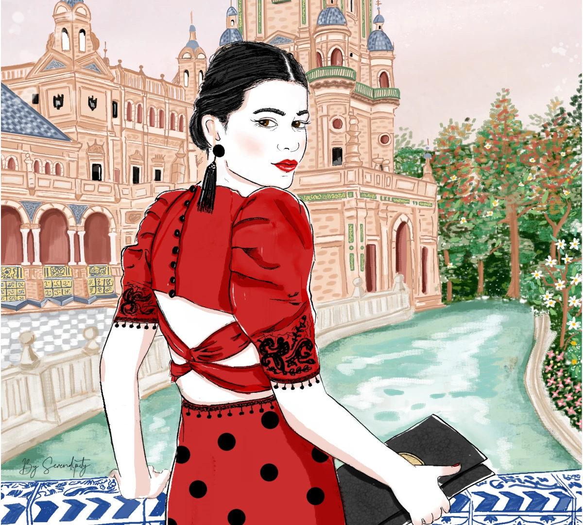 Lámina decorativa artística enmarcada, con ilustración a de estilo romántico inspirada en las calles de Roma