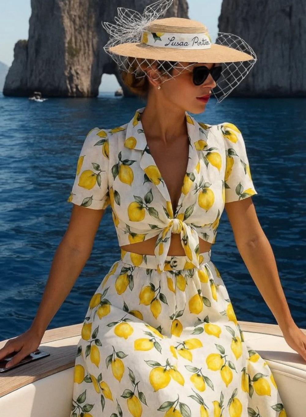 Conjunto de falda y top camisero con estampado de limones.
