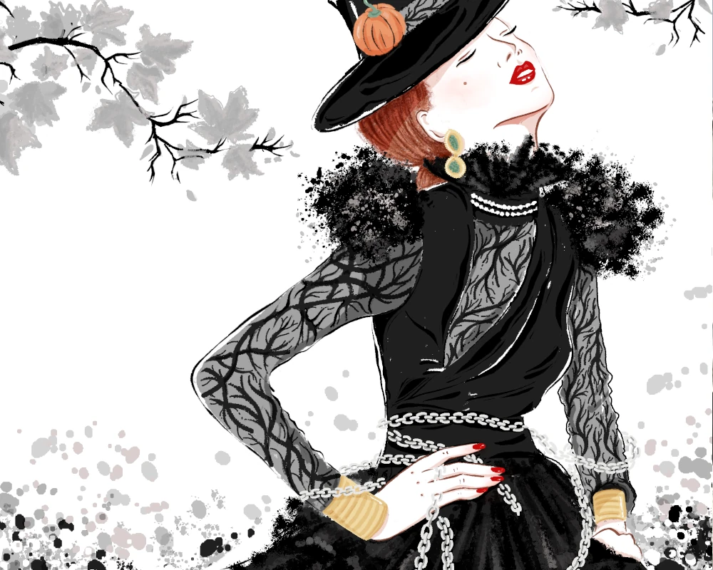 Halloween y moda en clave de misterio Ilustración Halloween y moda: vestido negro, accesorios elegantes. y estilo. Diseño Mundo Inventado
