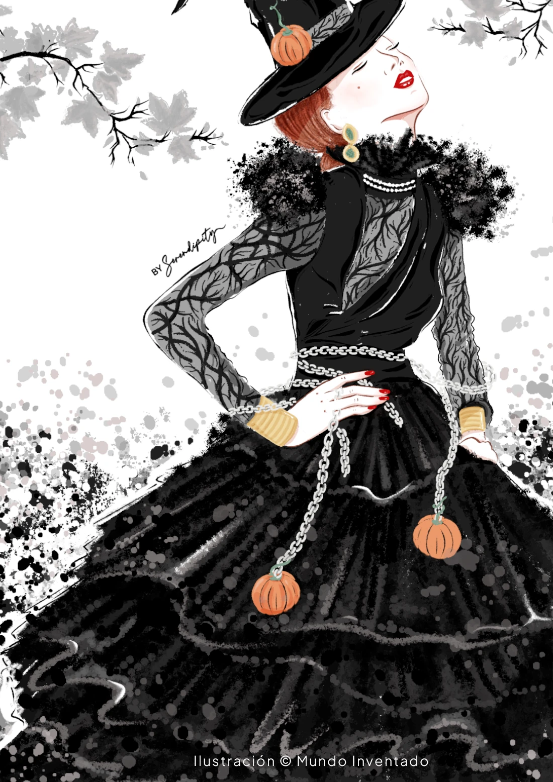 Halloween y moda: glamour y misterio Ilustración Halloween y moda: vestido negro y accesorios elegantes. Diseño Mundo Inventado