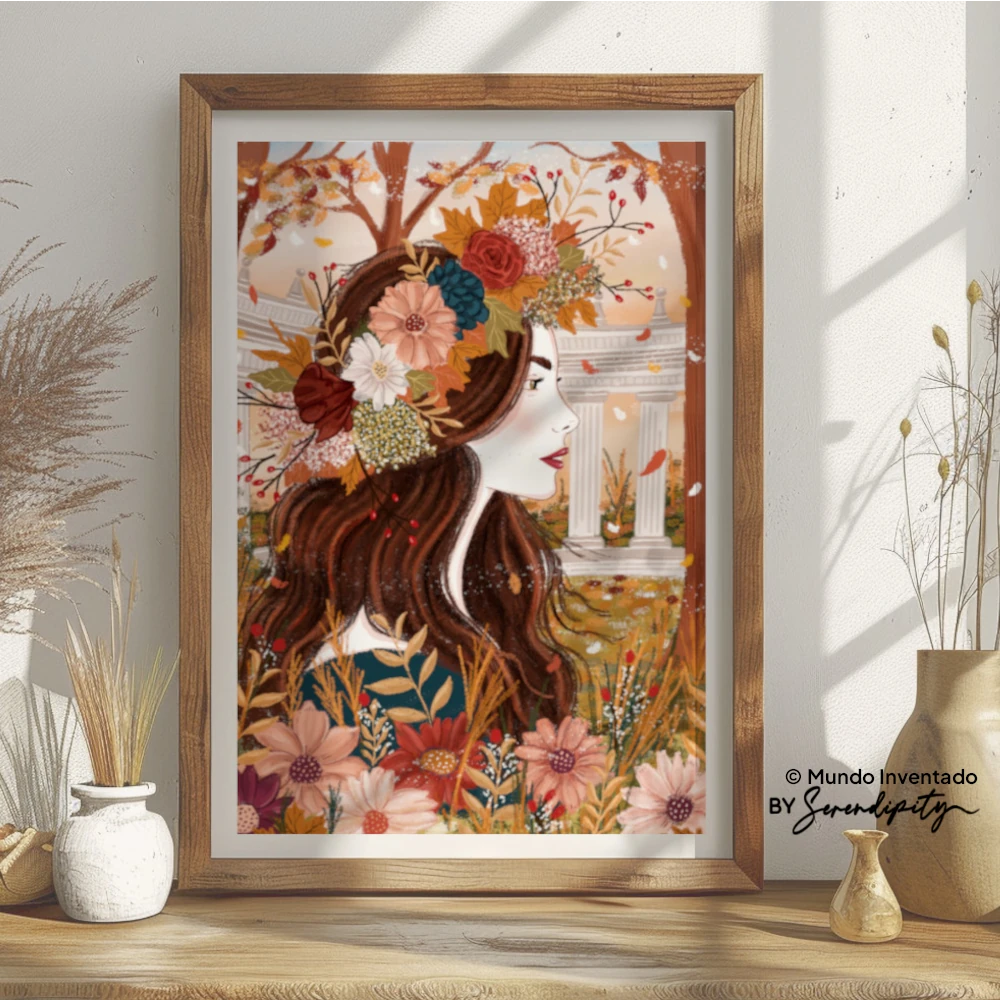 Decoración con ilustraciones: lámina Diosa del Otoño para inspirar espacios únicos en tu hogar.